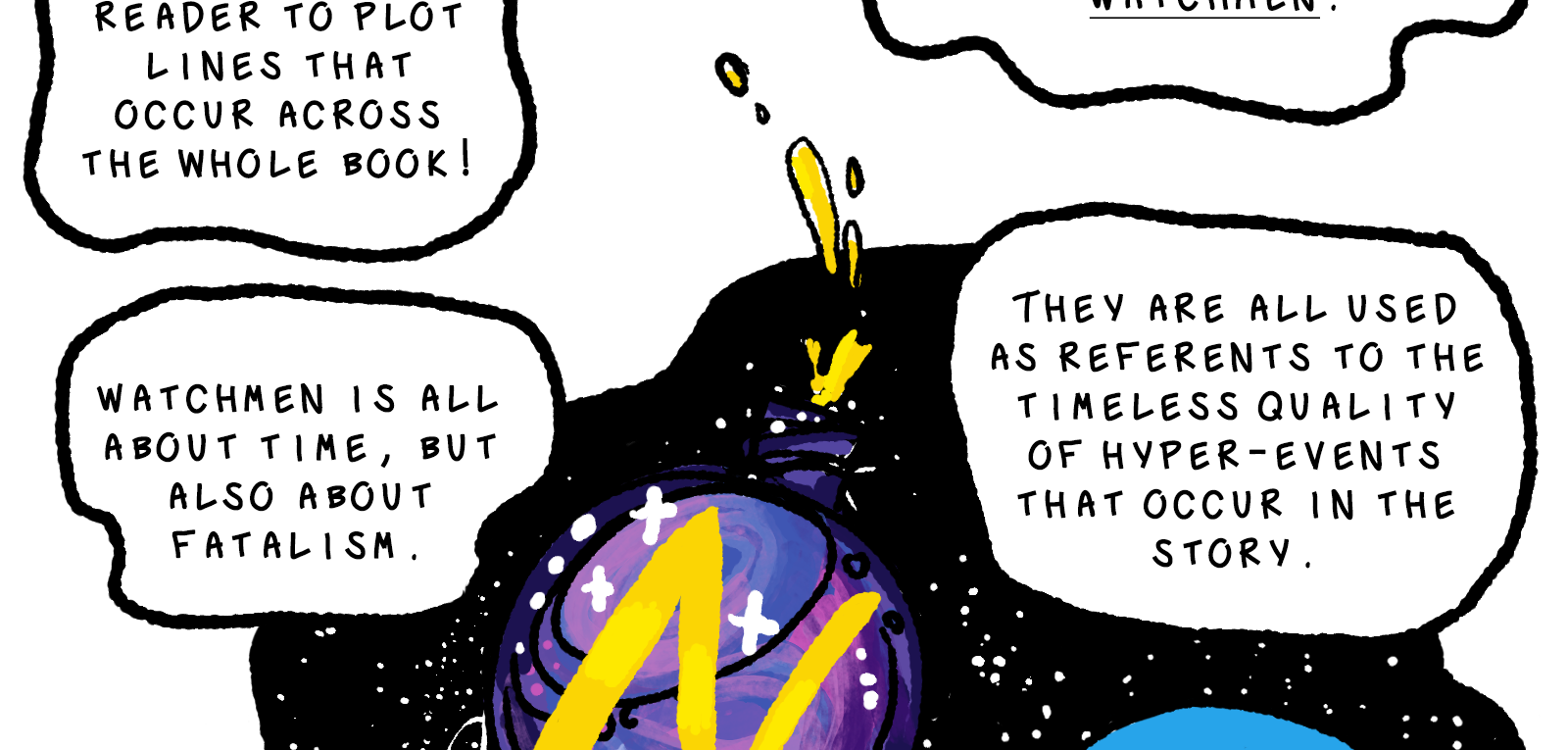Hanging in space is a blobby, roughly-circular cutout of outer space. Hanging in front of it is a purple and gold bottle of perfume being spilled but frozen in time, a recurring image from the Watchmen comic book. The narration continues: These leitmotifs are all used as referents to the timeless quality of the hyper-events that occur in the story. Watchmen is all about time, but also about fatalism.